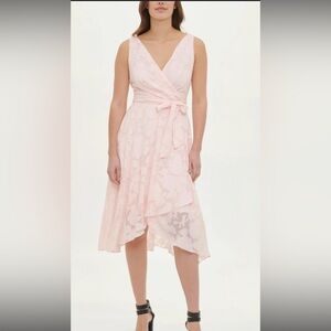 DKNY Pink Floral Chiffon Sleeveless Faux Wrap V Neck Floral Overlay Dress